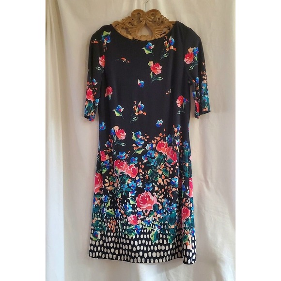 ELIZA J NEW YORK Dress Women's Size 6 Short Sleeved Black Floral Zip Closure - Picture 1 of 4